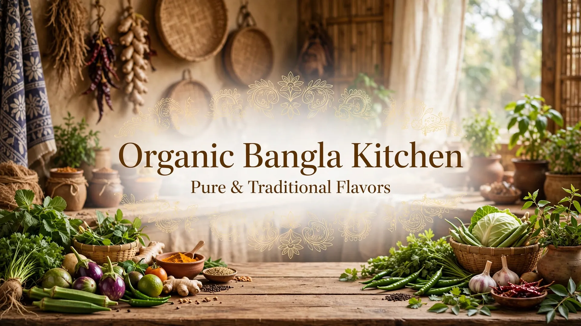 A rustic Bengali kitchen table with fresh vegetables, herbs and spices under the words Organic Bangla Kitchen