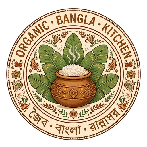 Organic Bangla Kitchen logo: a clay pot of rice on banana leaves